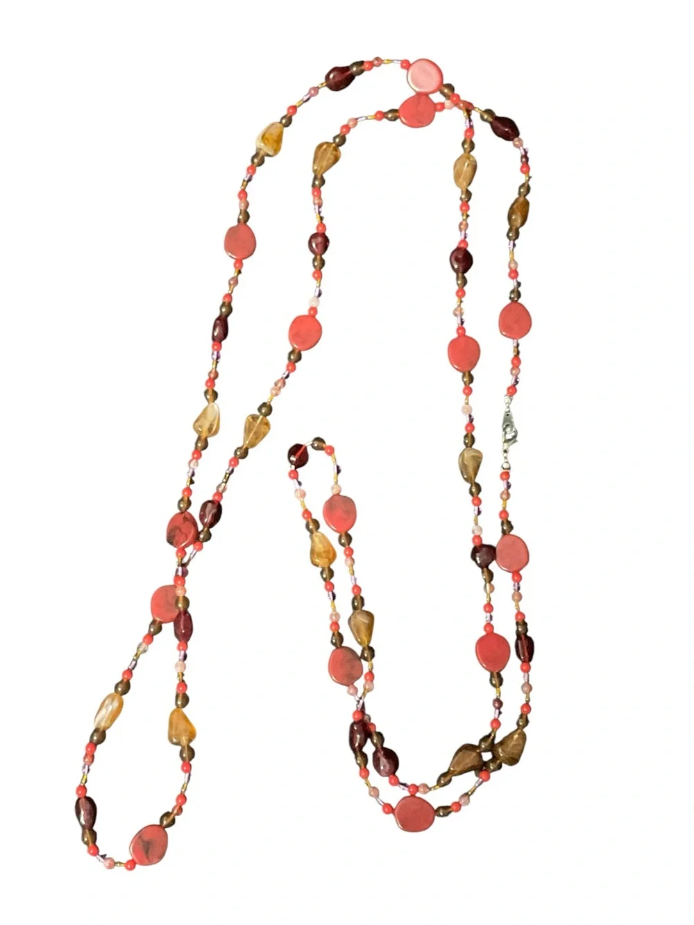 Long Beaded Necklace in Coral, Amber & Garnet Tones